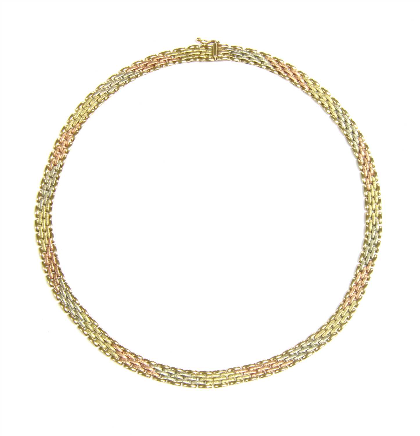 Roseberys London | A 9ct three colour gold necklace and earrings suite, of